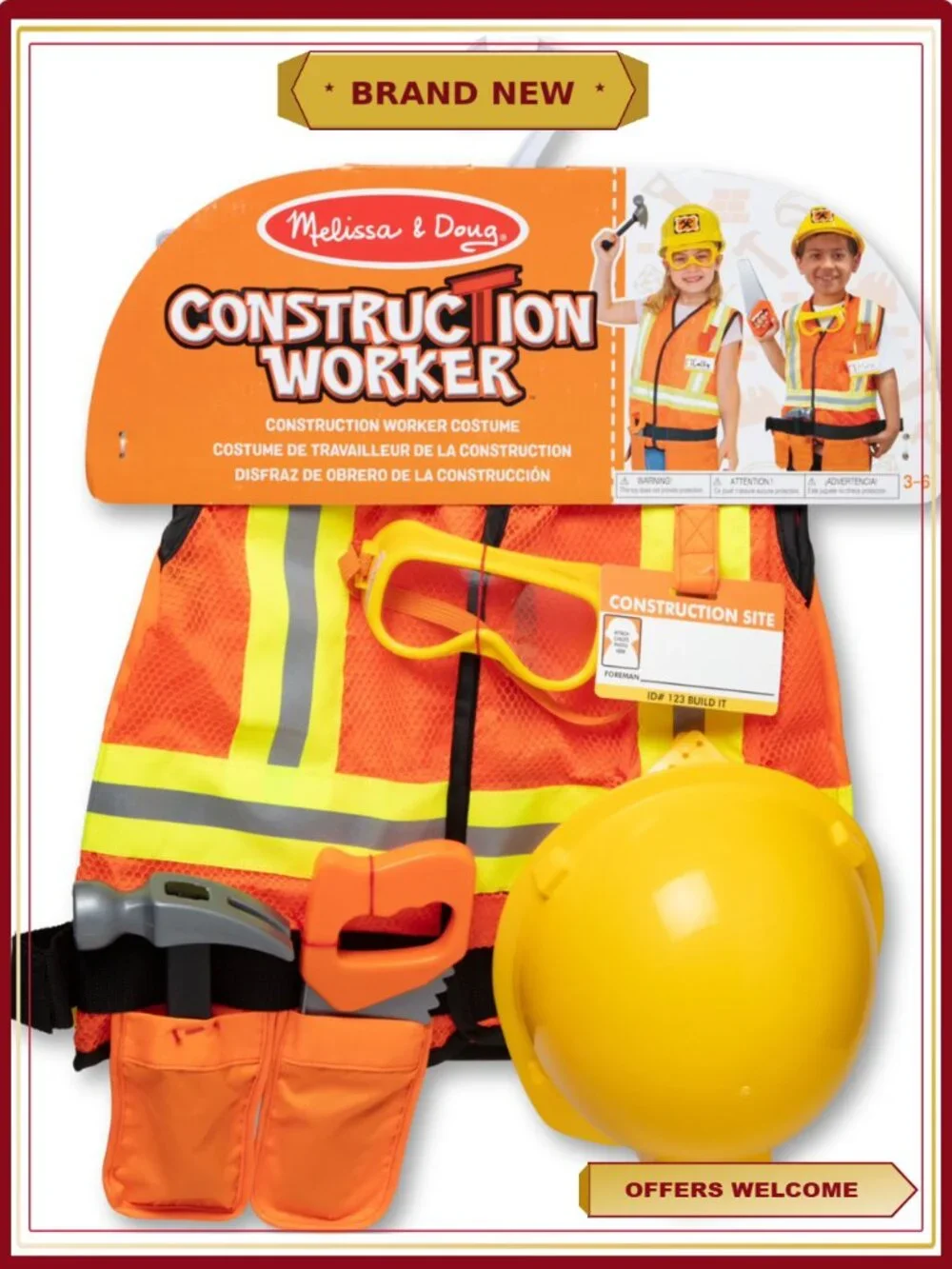Kids Pretend Play Construction Costume Set 6 pcs